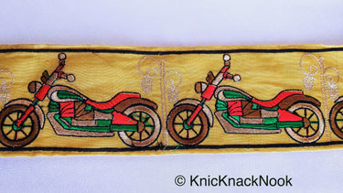 Beige Fabric trim with Embroidered Motorbikes - Brown, Red, Light Gold & Green
